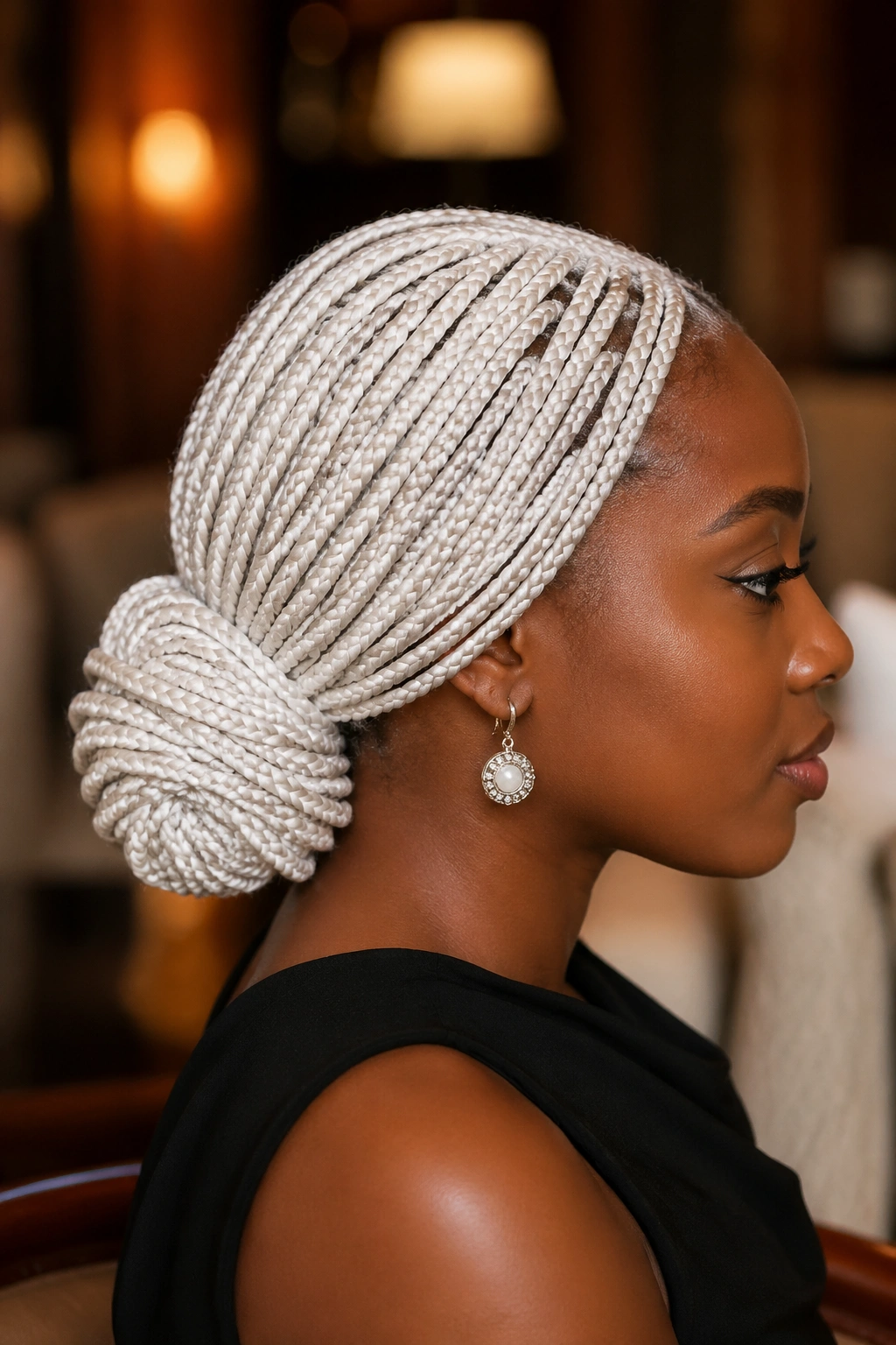 Real woman with white box braids styled into a low wrapped bun at the nape.