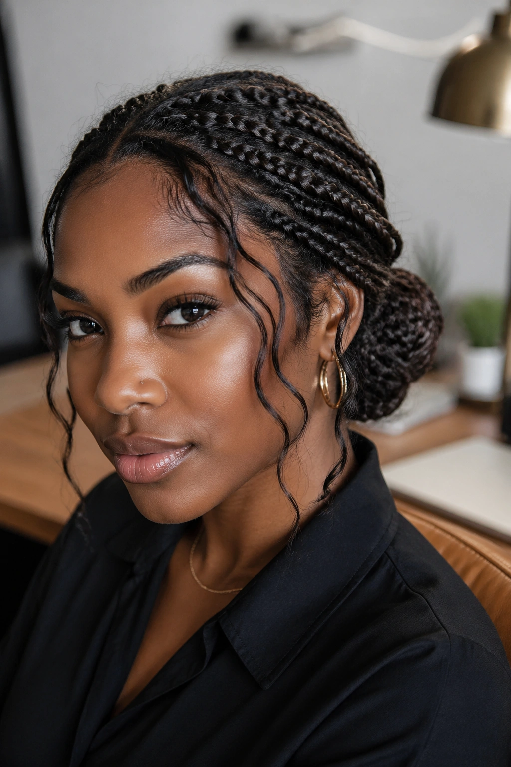 Real woman with low bun butterfly braids at nape in soft indoor light