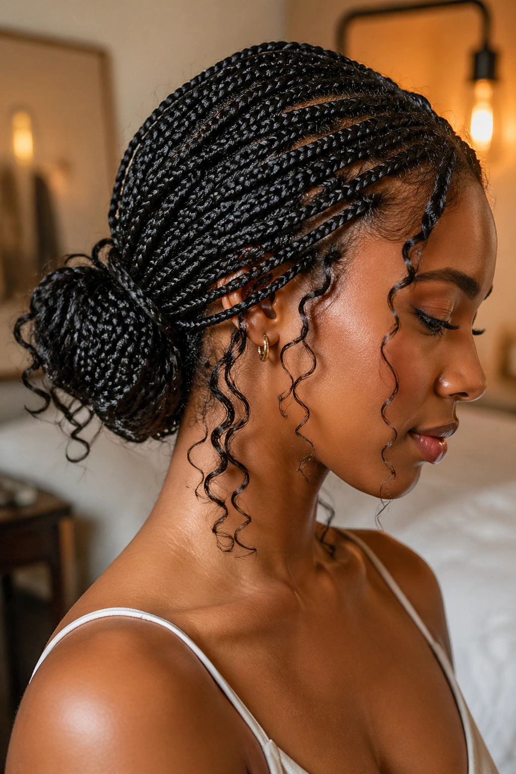 Real woman wearing a low bun with curly ends under warm window light