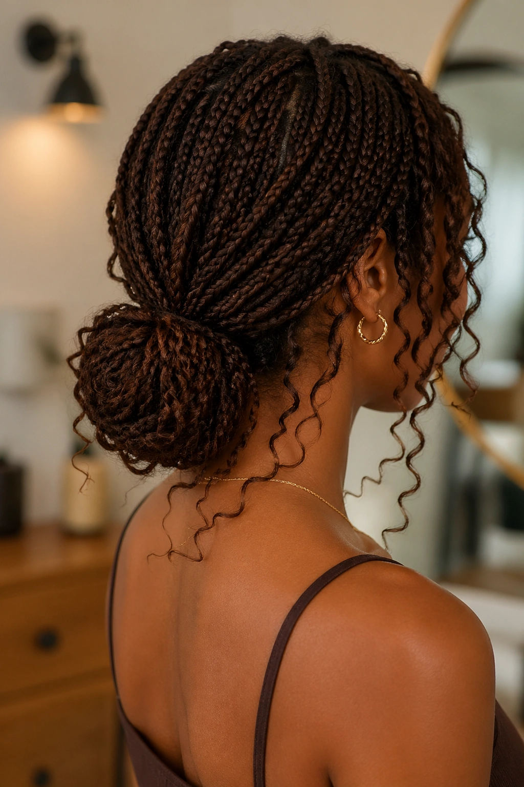 Rear three-quarter view of a real person with a low bun and curly spill-out