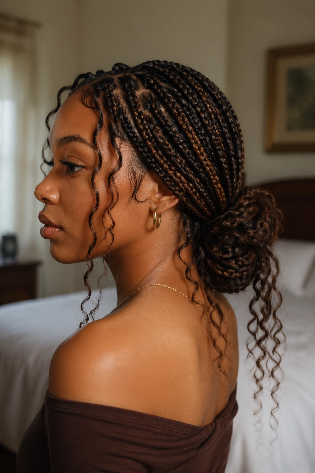 Close-up of real woman with a low bun and curly tail pieces at the nape