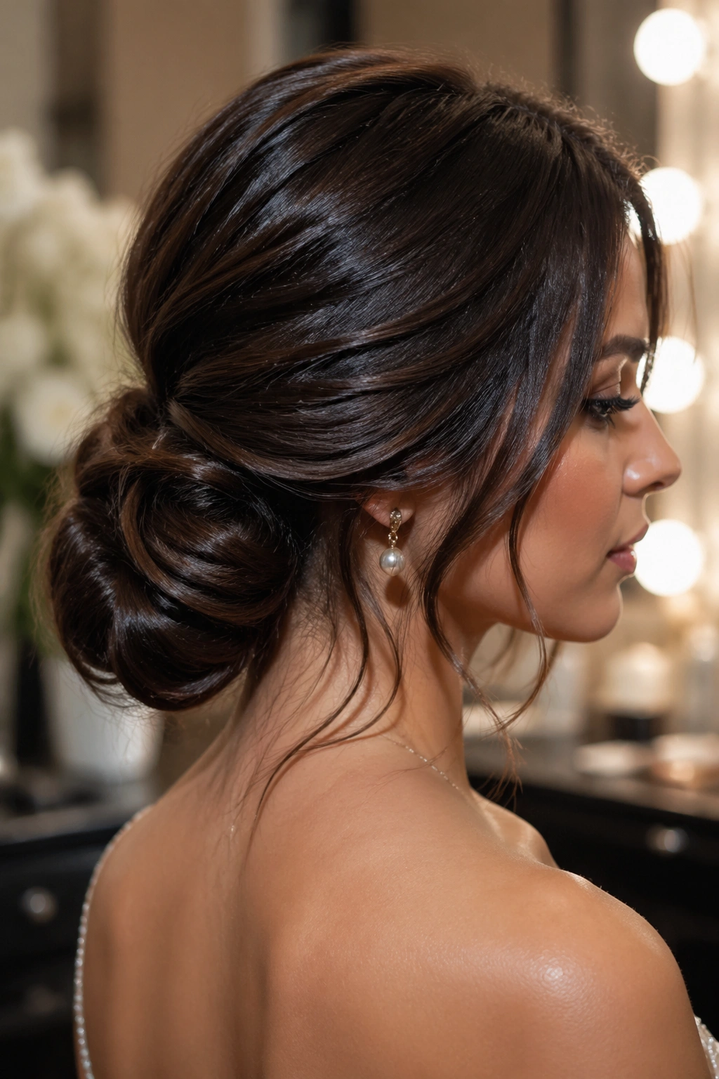 Close-up of a real woman with a textured low bun and espresso brown shine.
