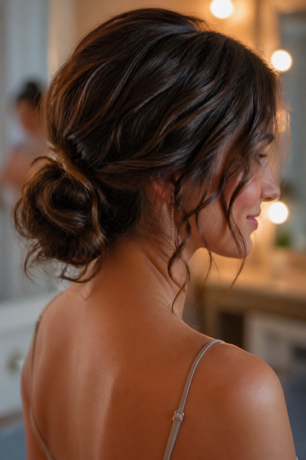 Real woman with textured low bun and soft face-framing pieces