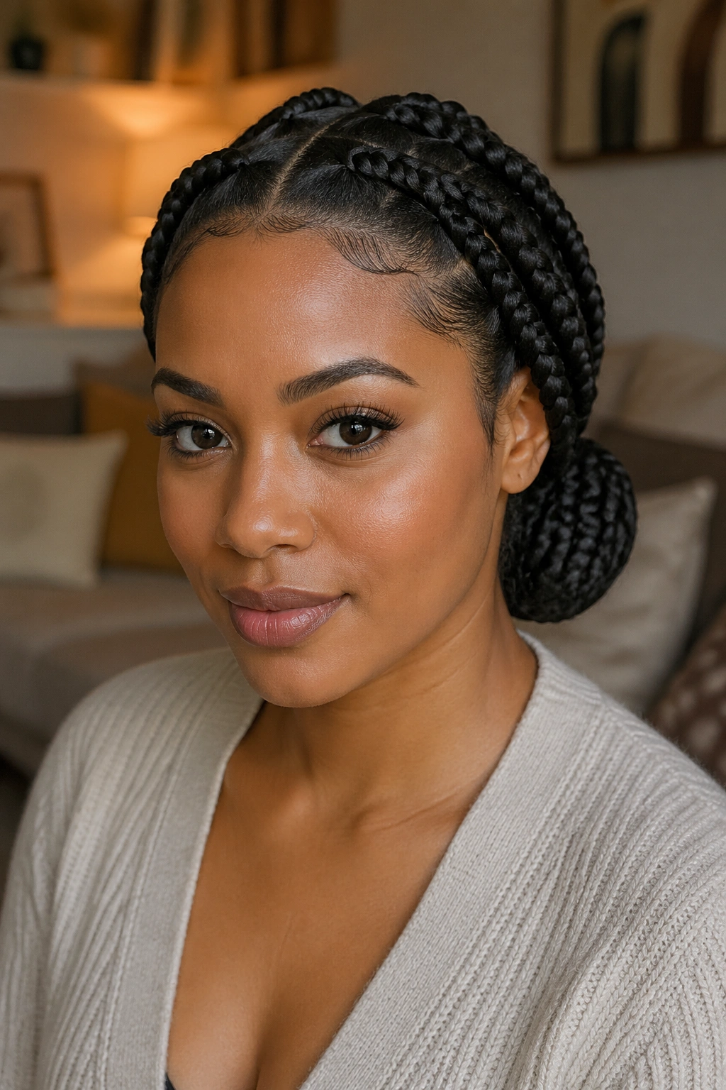 Close-up of a real woman with jumbo feed-in braids styled into a low bun at the nape