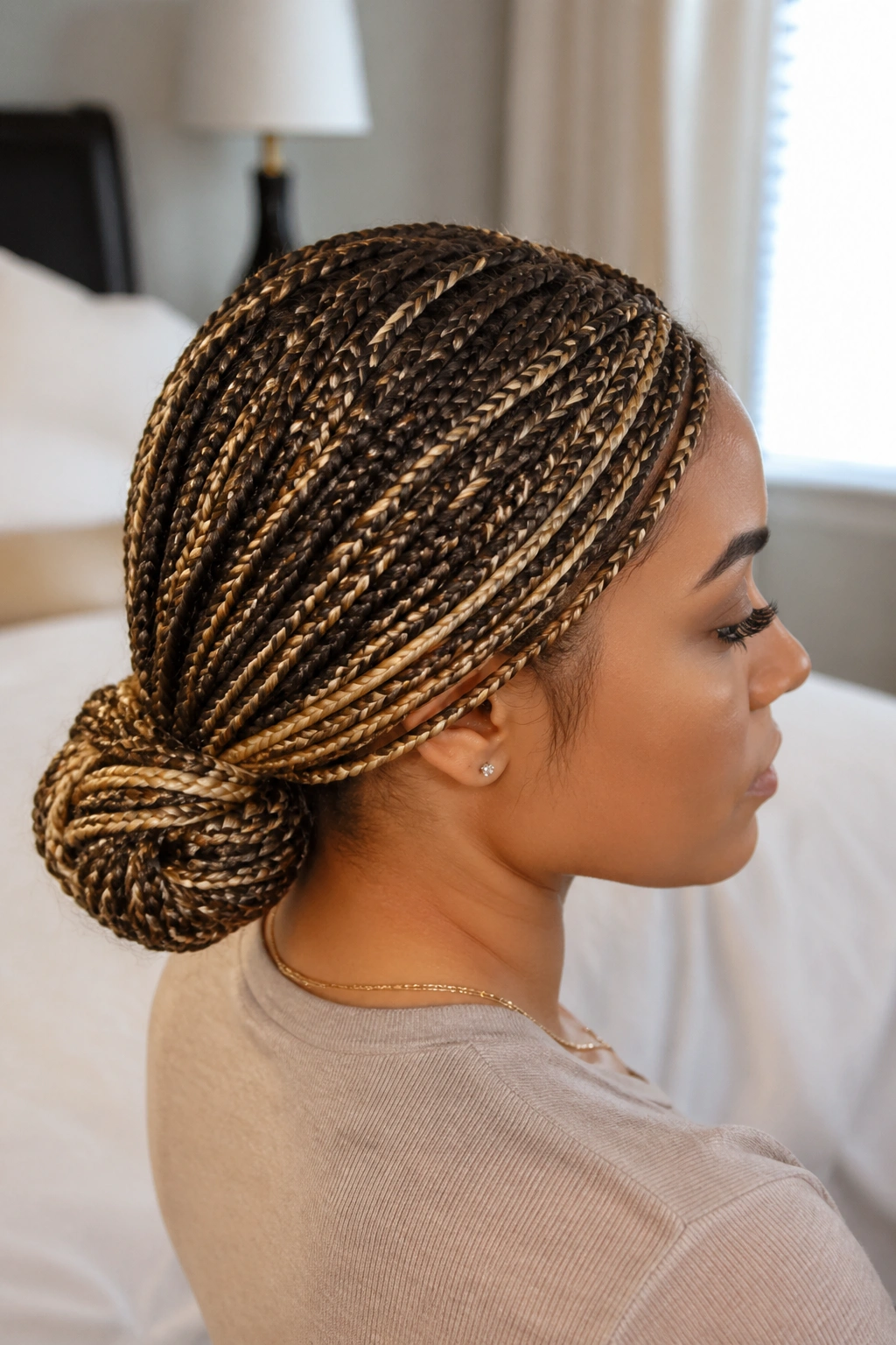 Close-up of a real woman with a low bun knotless braids with blonde accents