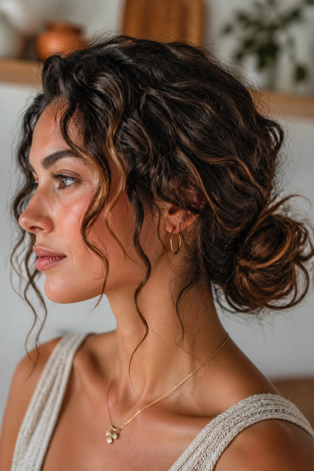 Close-up of a real woman with a low curly bun and soft tendrils around the face