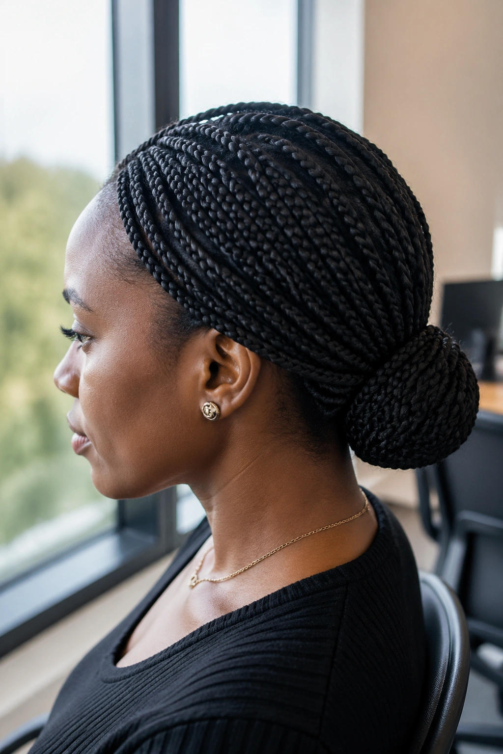 Close-up of a real woman with a low bun tree braids at the nape.