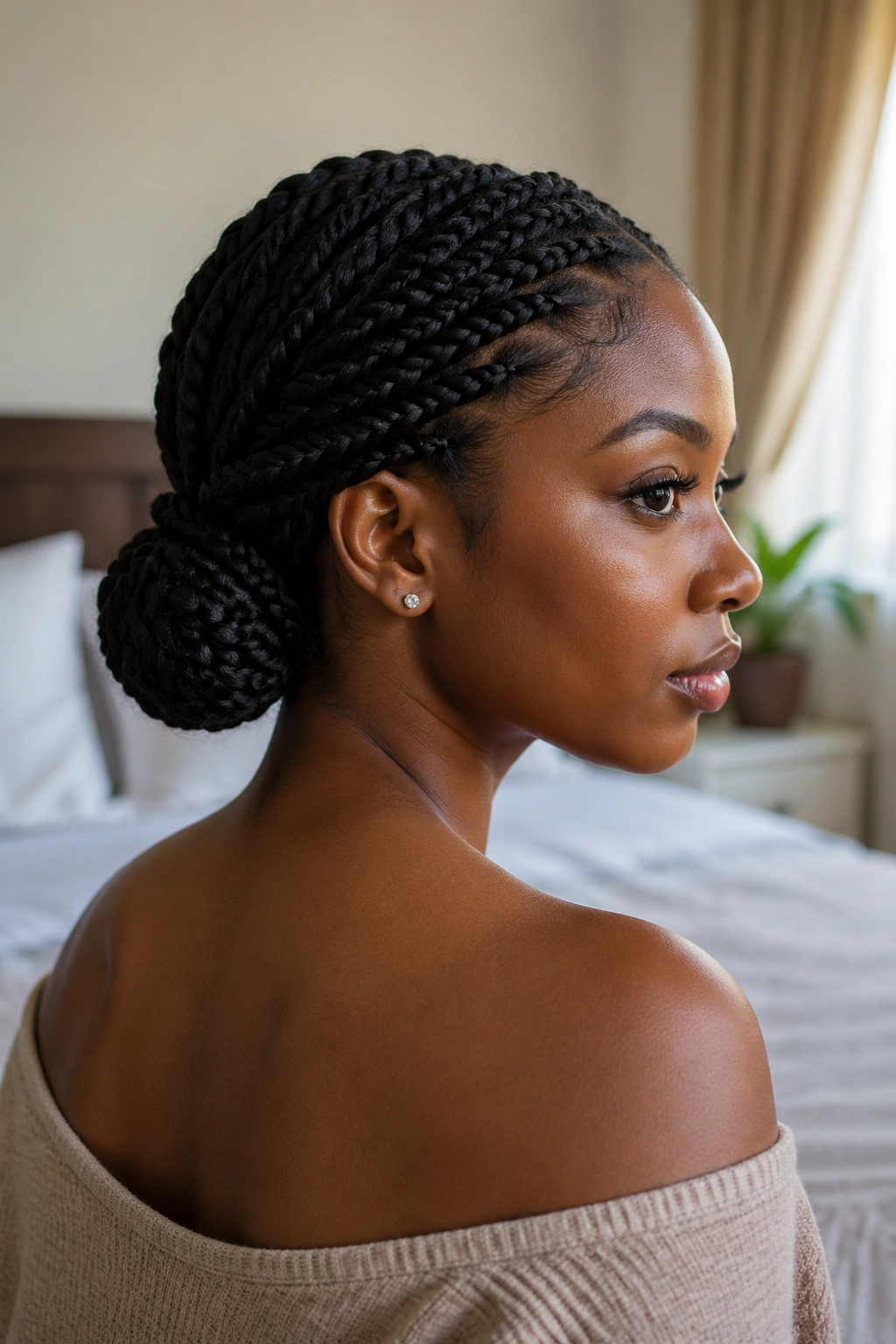 Close-up of a real woman with a low-bun twist braid at the nape in warm window light