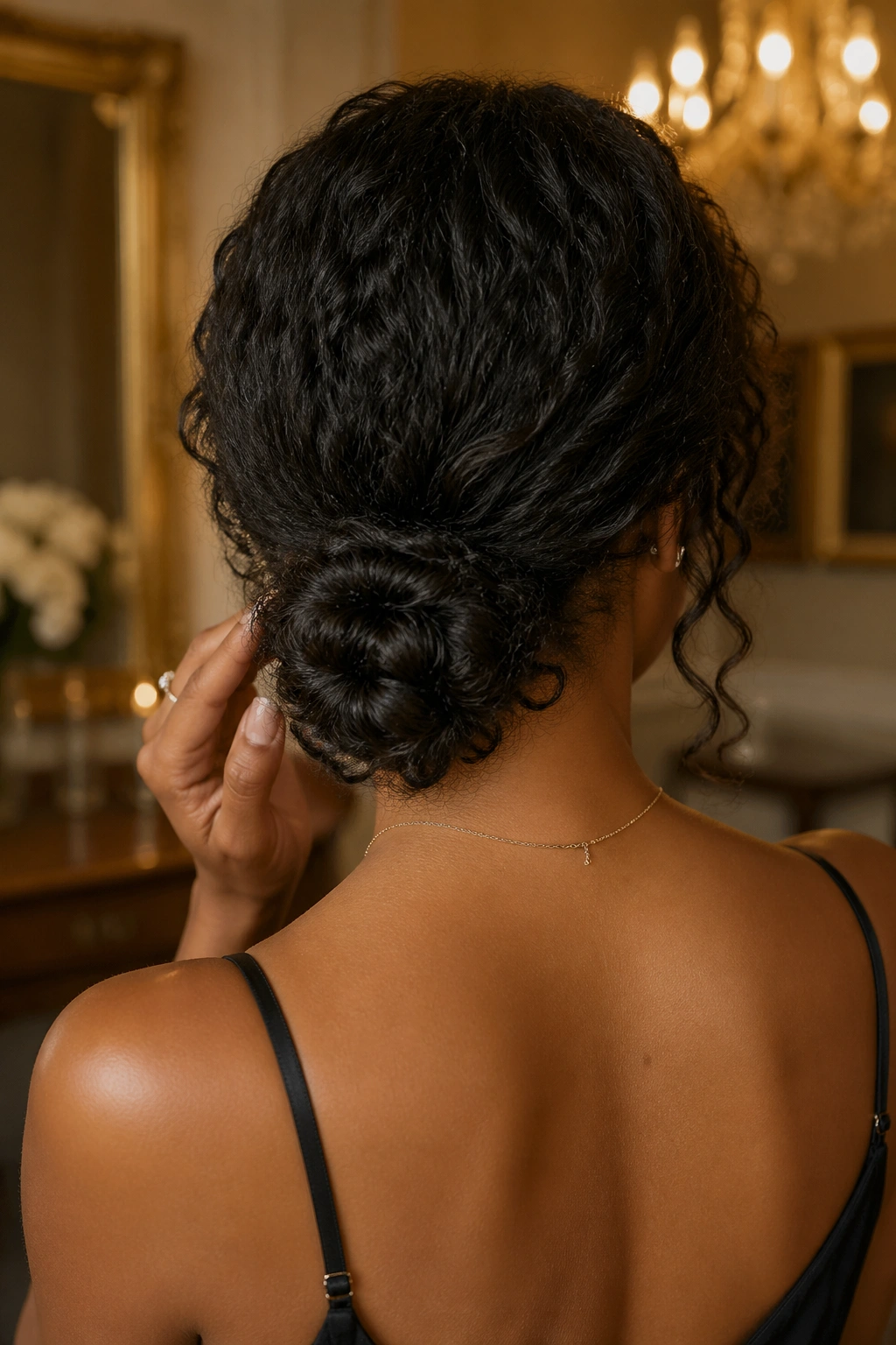 Back view of a real person with a low chignon at the nape