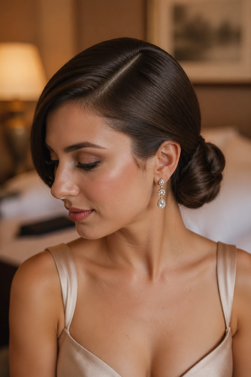 Real person with low chignon and deep side part in a softly lit room.