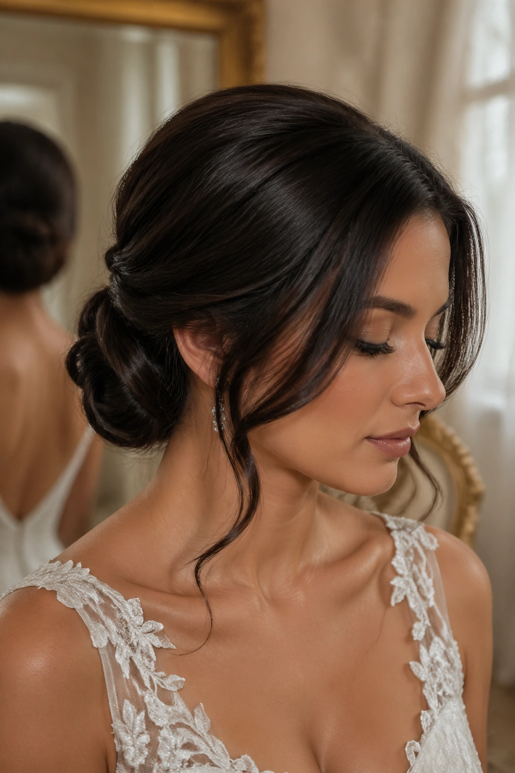 Close-up of a real woman with a low chignon on glossy espresso brunette hair.