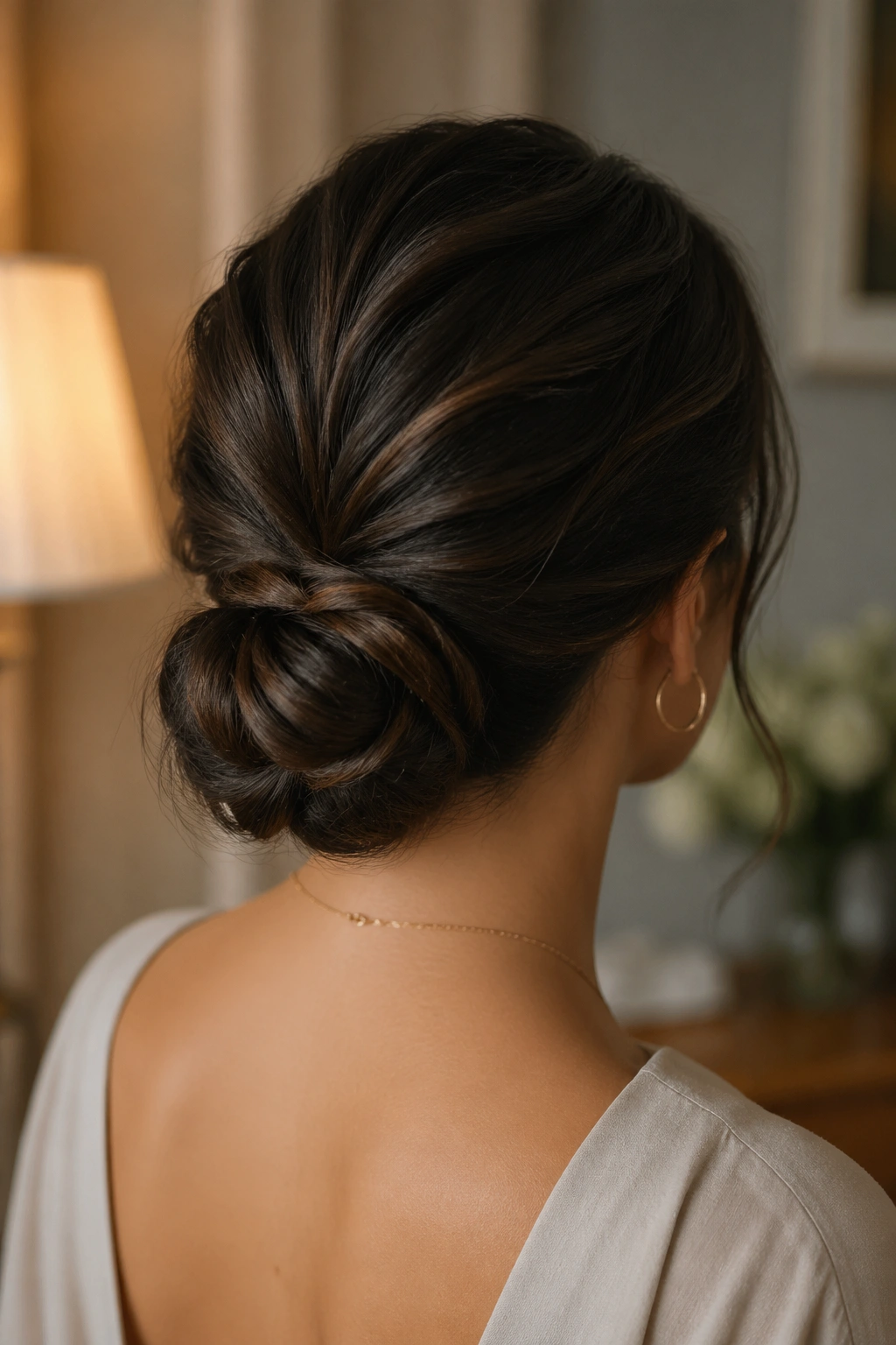 Back view of a woman with a low chignon at the nape and smooth top