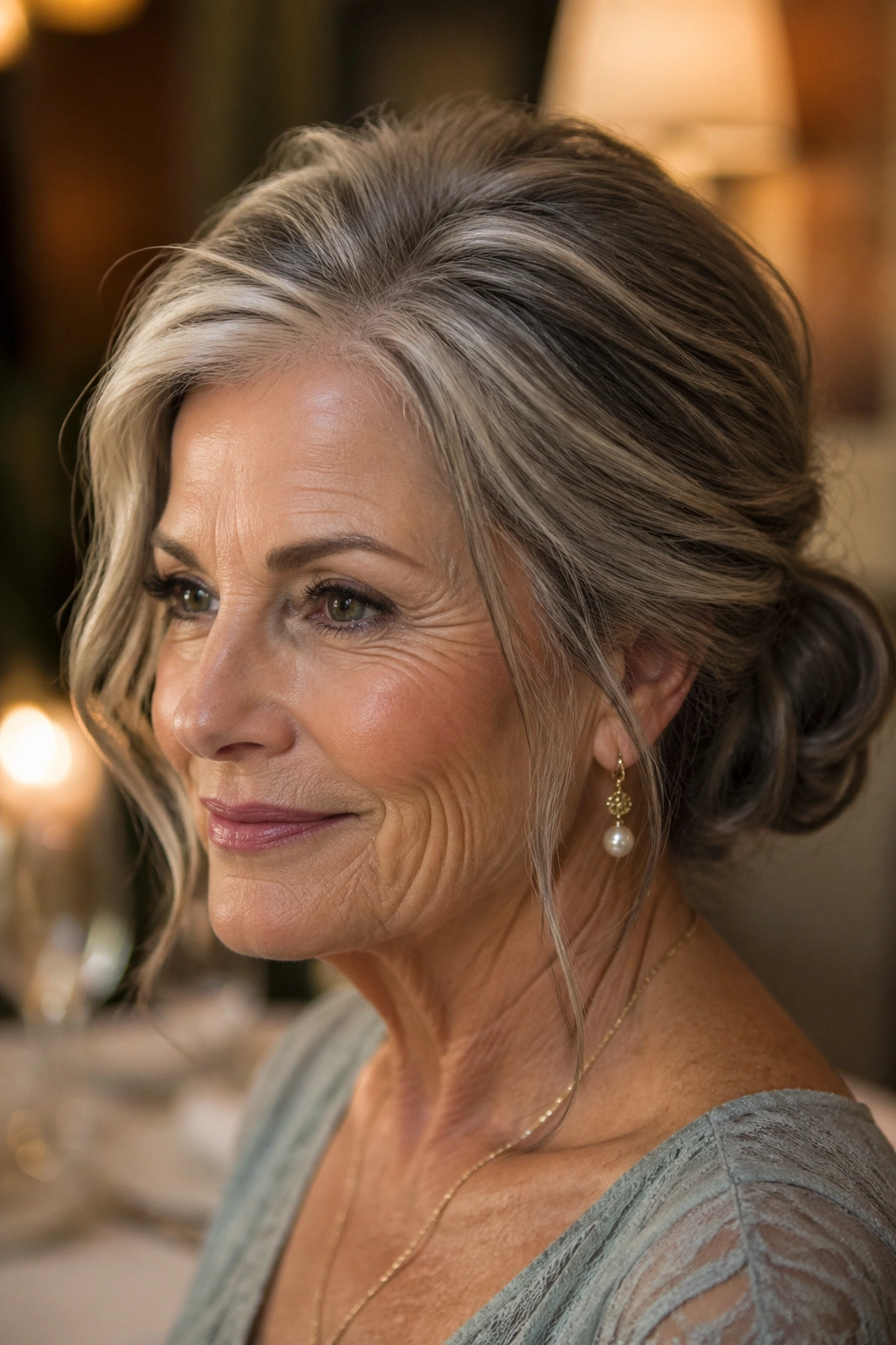 Real woman with a soft low chignon at the nape.