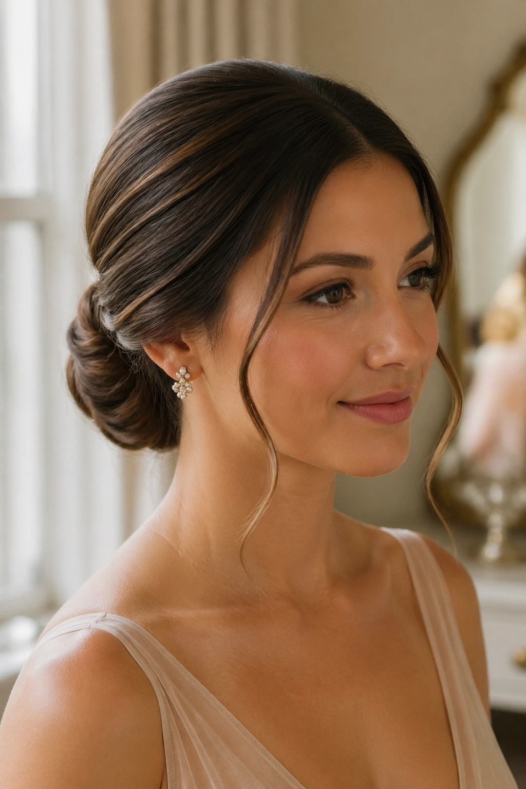 Close-up of a real woman with a polished low chignon at the nape in warm bridal-suite lighting.