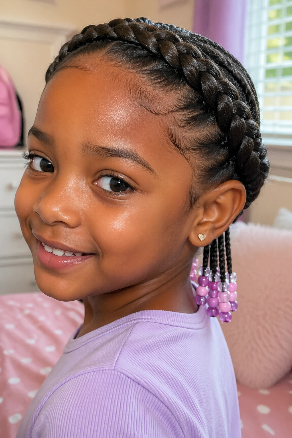 Close-up of a child with a low crown braid and bead drops.