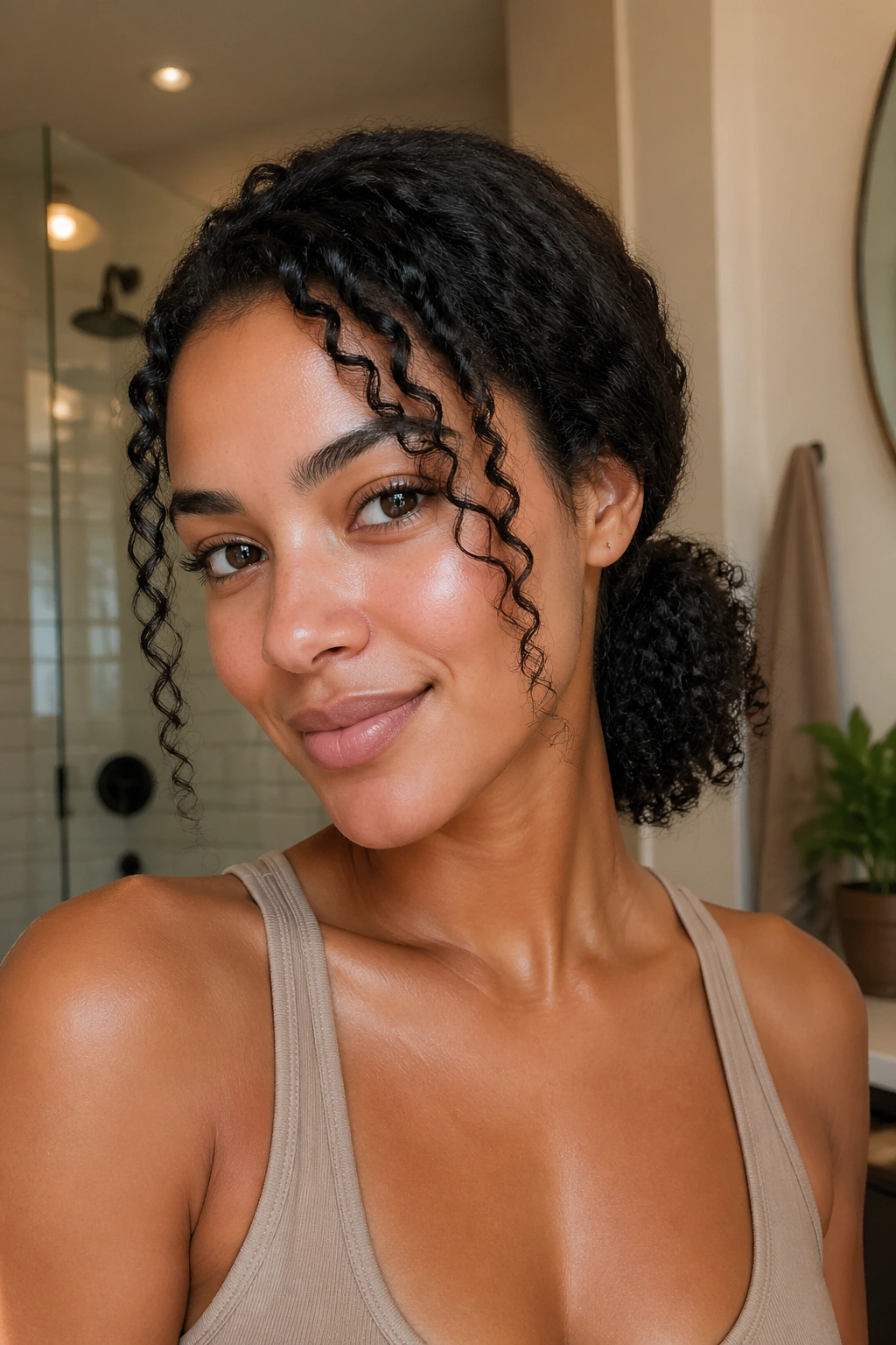 Close-up of a real woman with a low curly ponytail at the nape under warm bathroom light