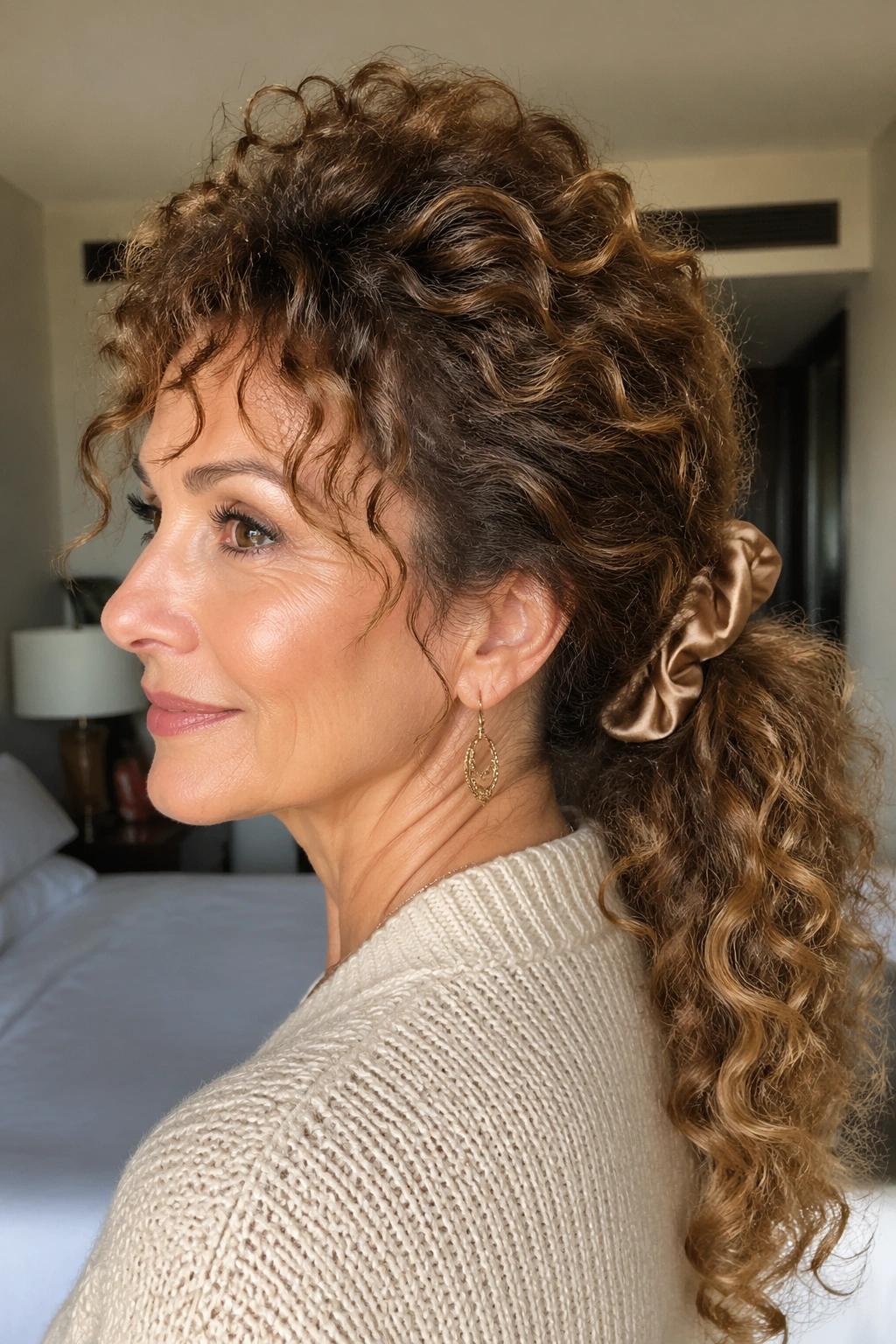 Real woman with low curly ponytail and crown volume, satin scrunchie, natural light