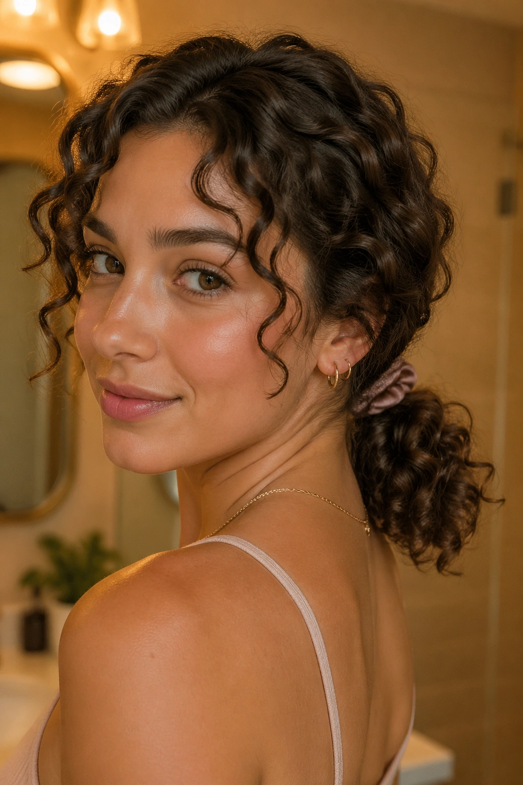 Close-up of real woman with a low curly ponytail at the nape