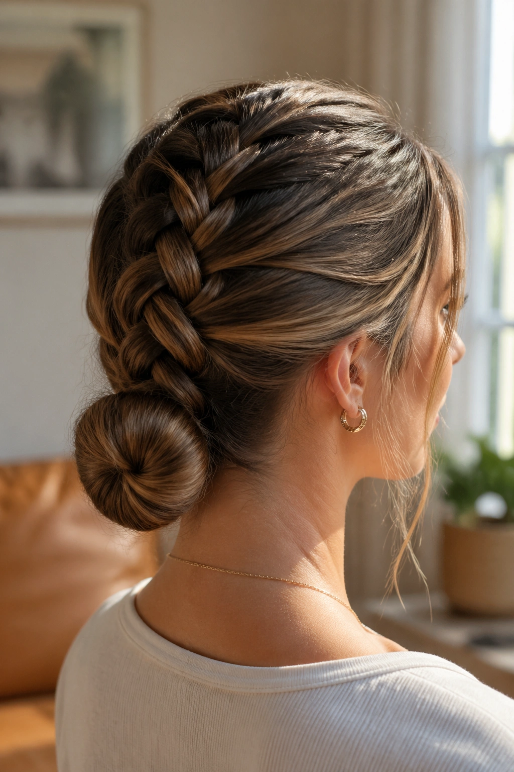 Close-up of a real woman with a low donut French braid bun at the nape