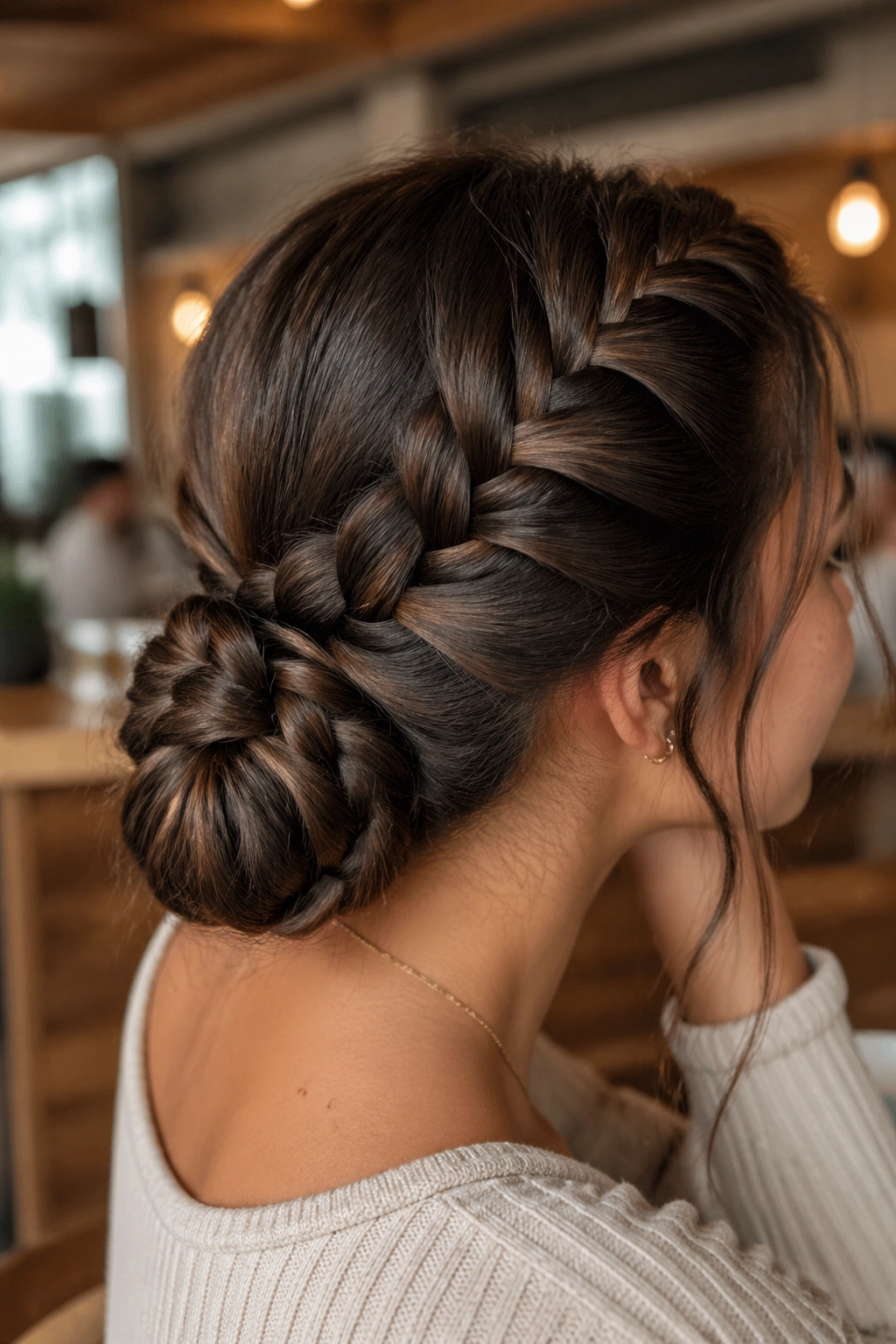 Real woman with a low dragon braid bun at the nape in cafe lighting