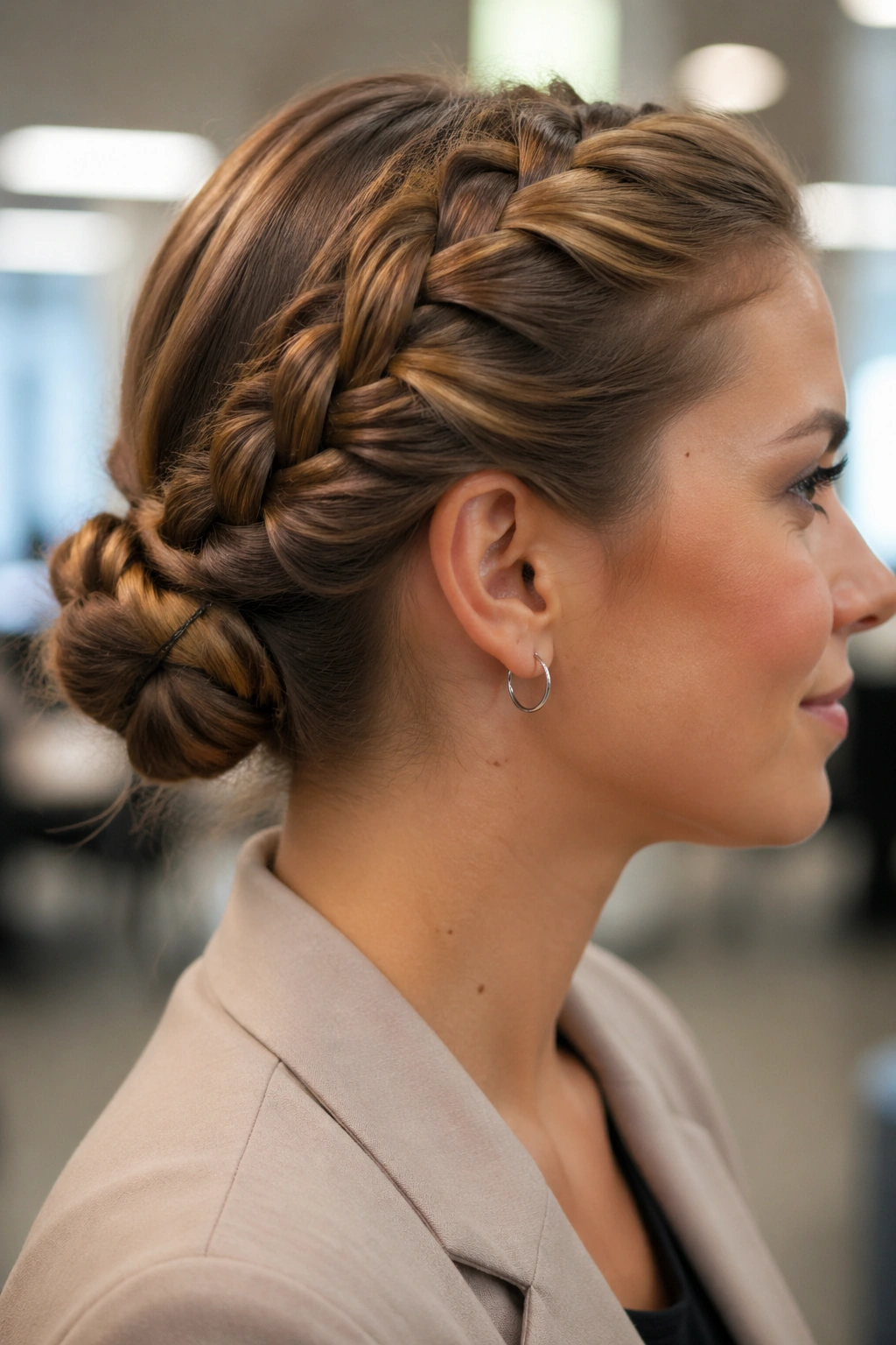 Real woman with a low Dutch braid bun pinned neatly