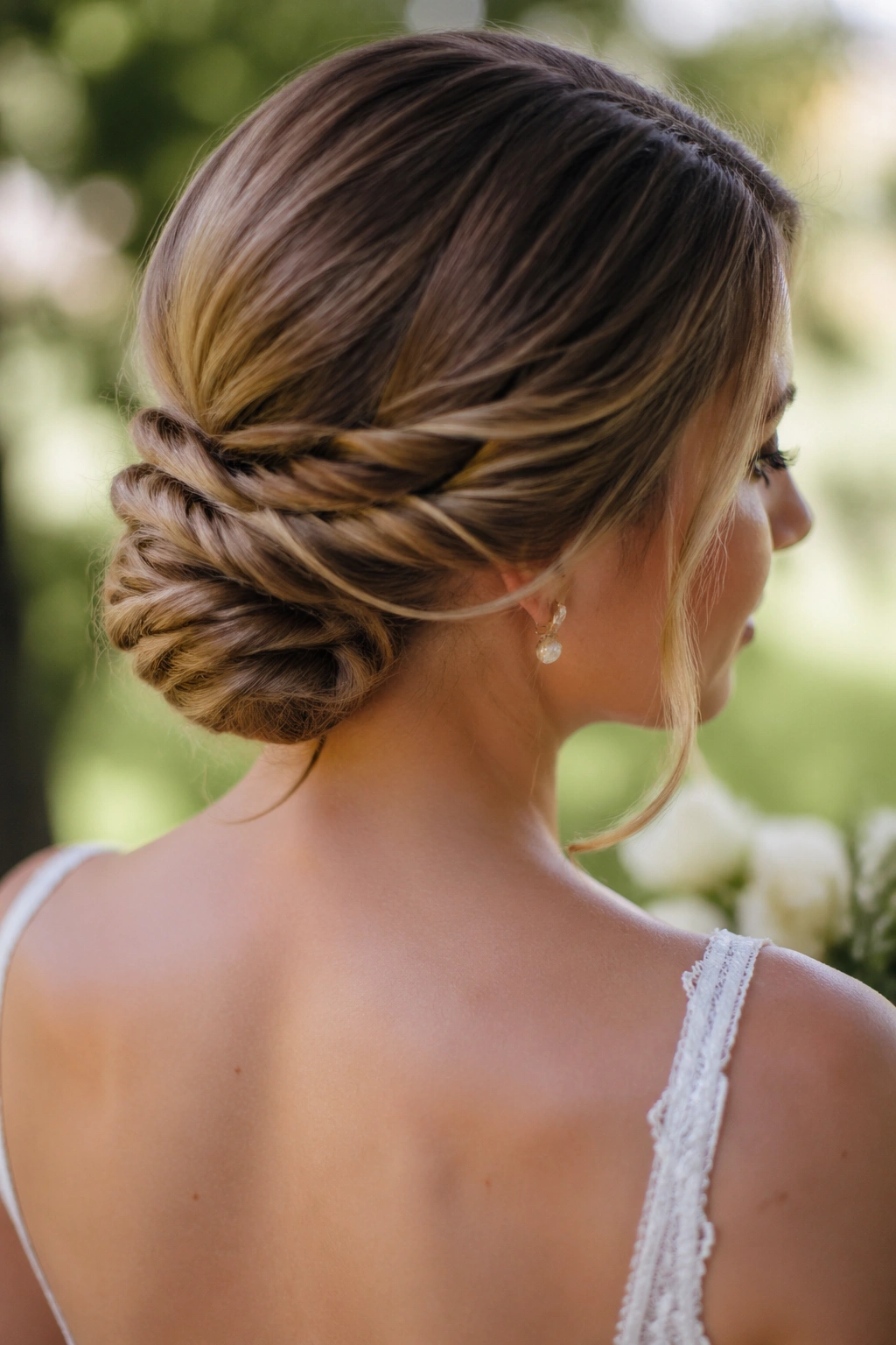 Bride with low fishtail knot at nape in garden setting