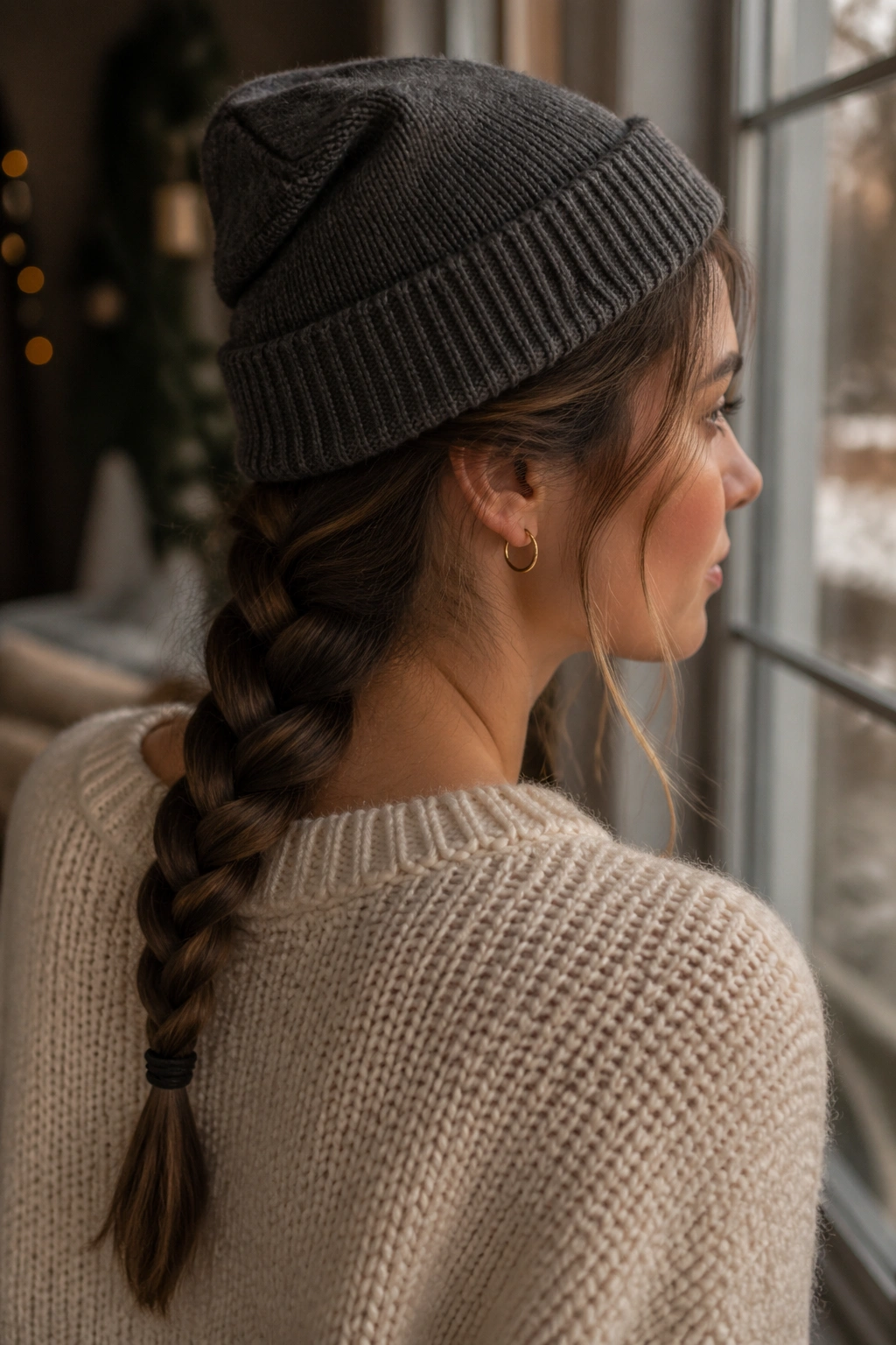 Close-up portrait of a real woman with a low French braid under a beanie in a cozy indoor setting.