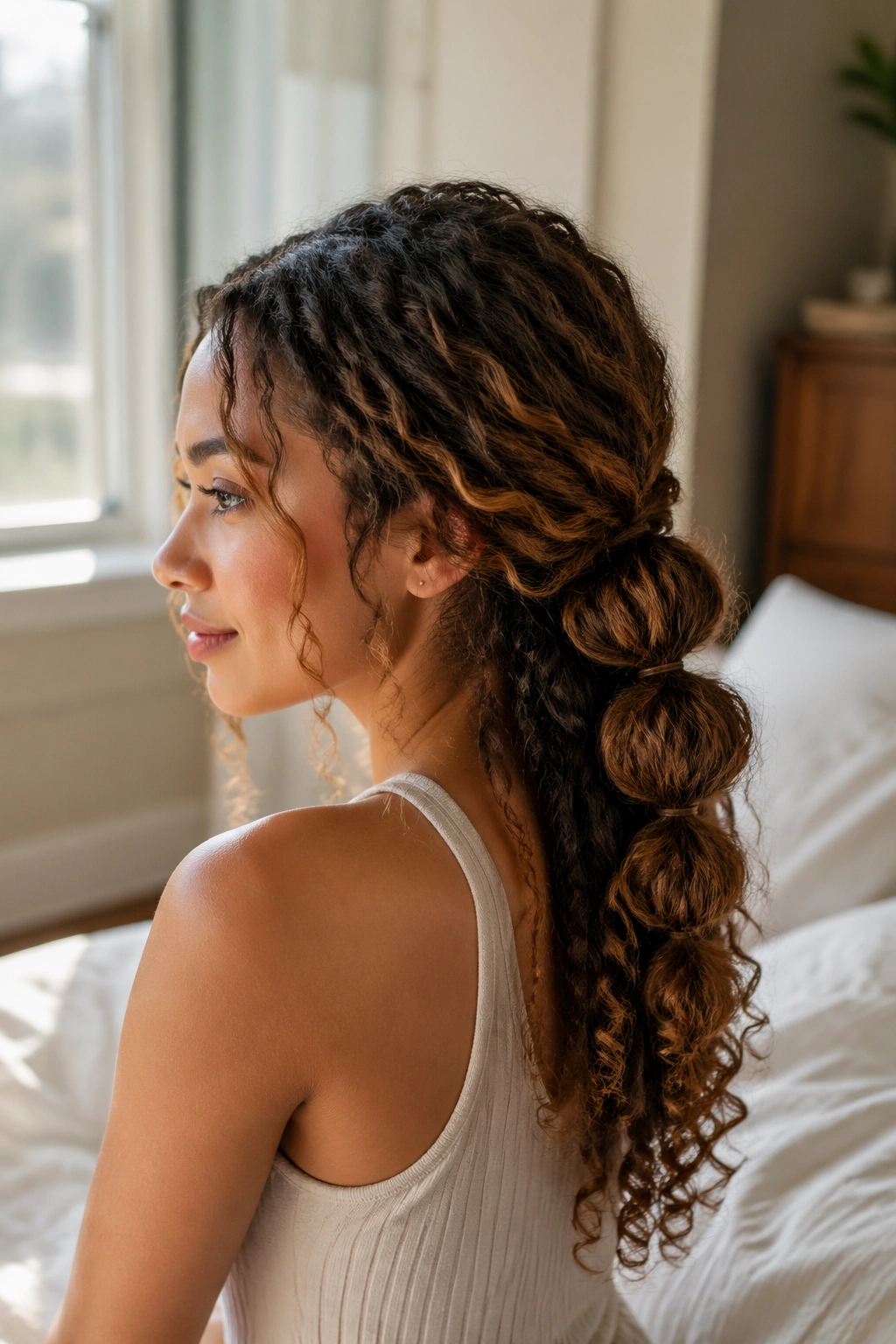 Close-up of a real woman wearing a low half-up bubble tail hairstyle with loose curls.