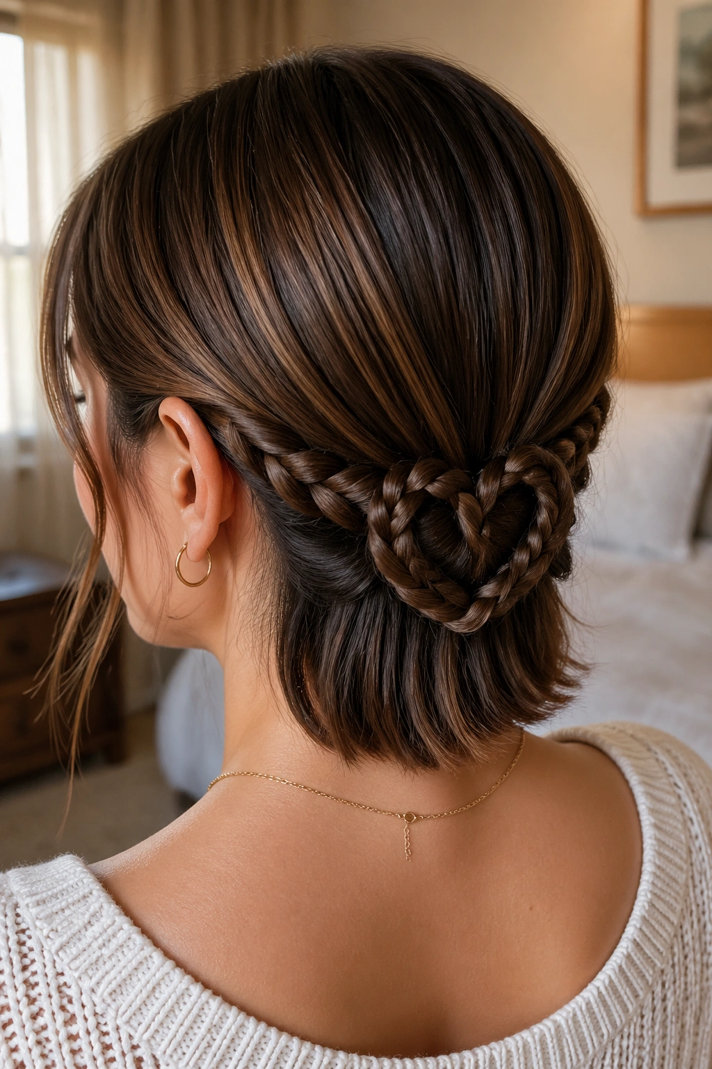 Close-up of real woman with shoulder-length hair in a compact low heart braid at the nape