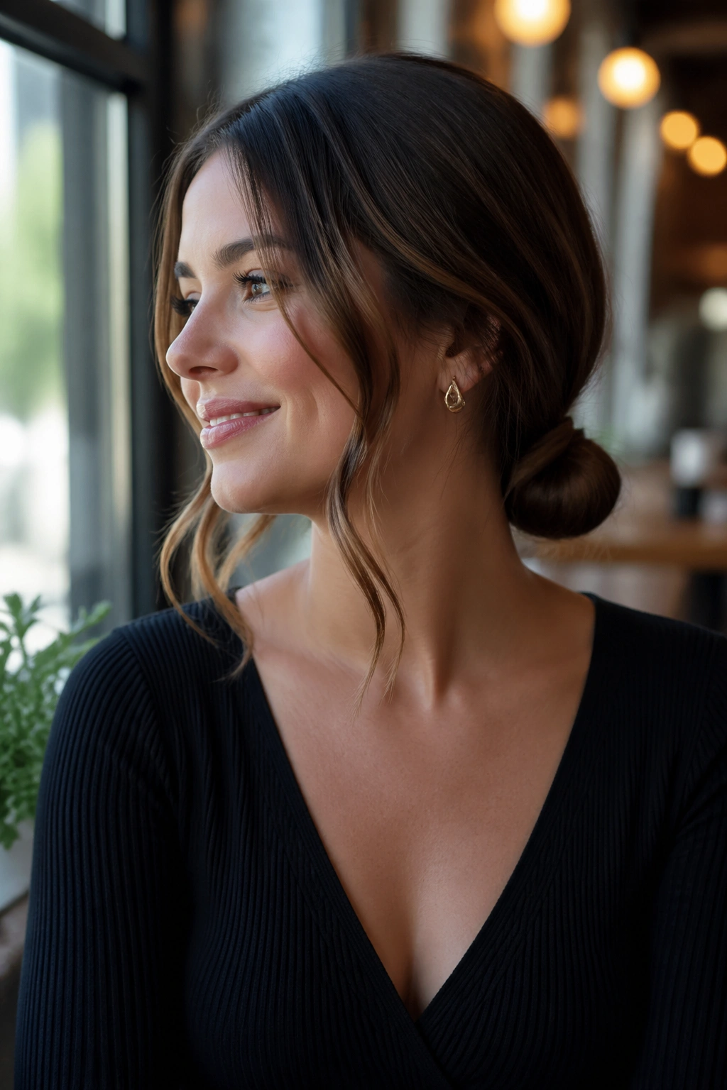 Close-up of a real woman with a low knot and face-framing pieces on fine to medium hair