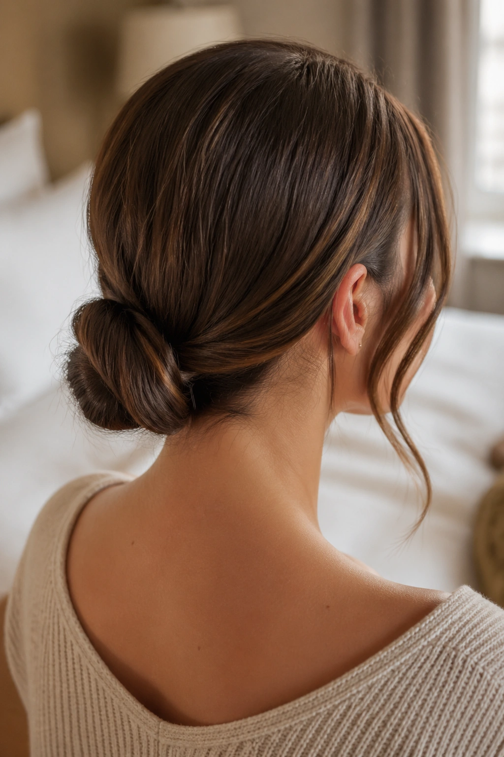 Close-up of a real woman's low knot at the nape hairstyle in warm bedroom light