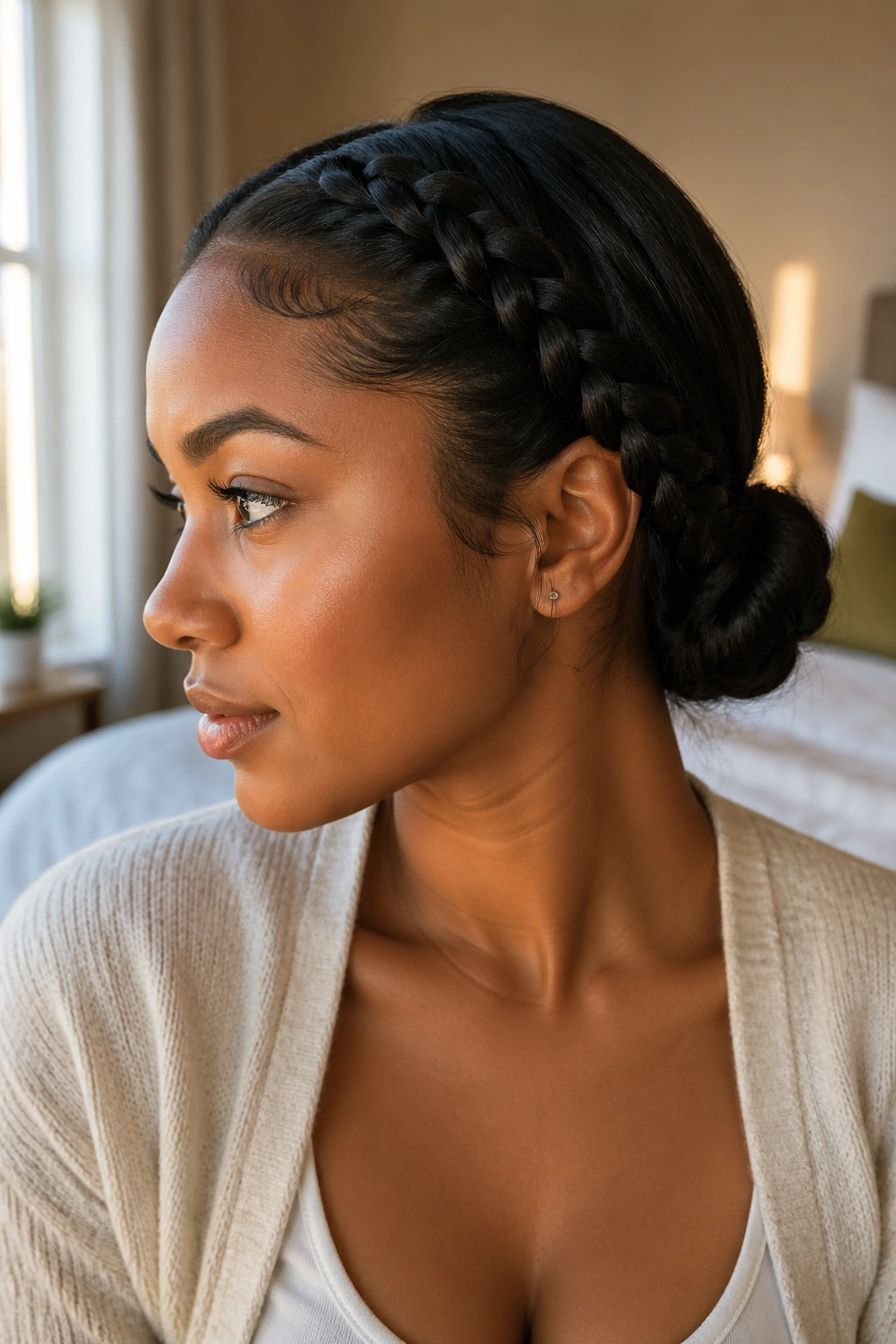 Close-up of a real woman with a low lace braid bun at the nape in natural window light