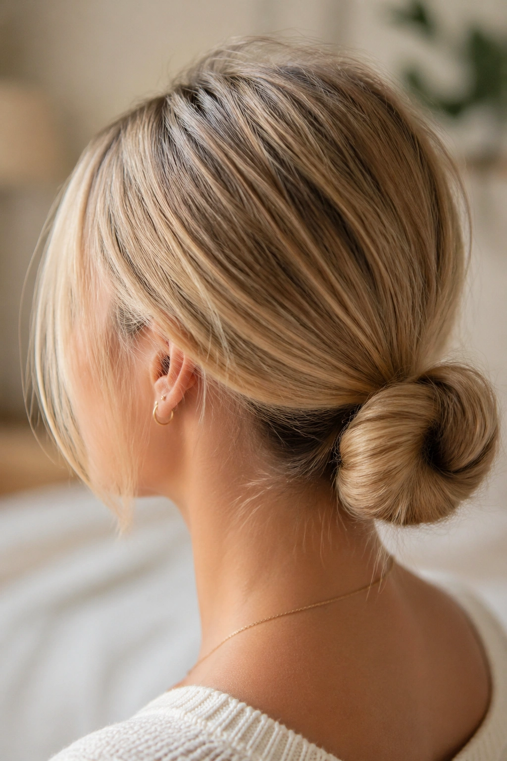 Close-up of a real woman with a low looped pony bun at the nape