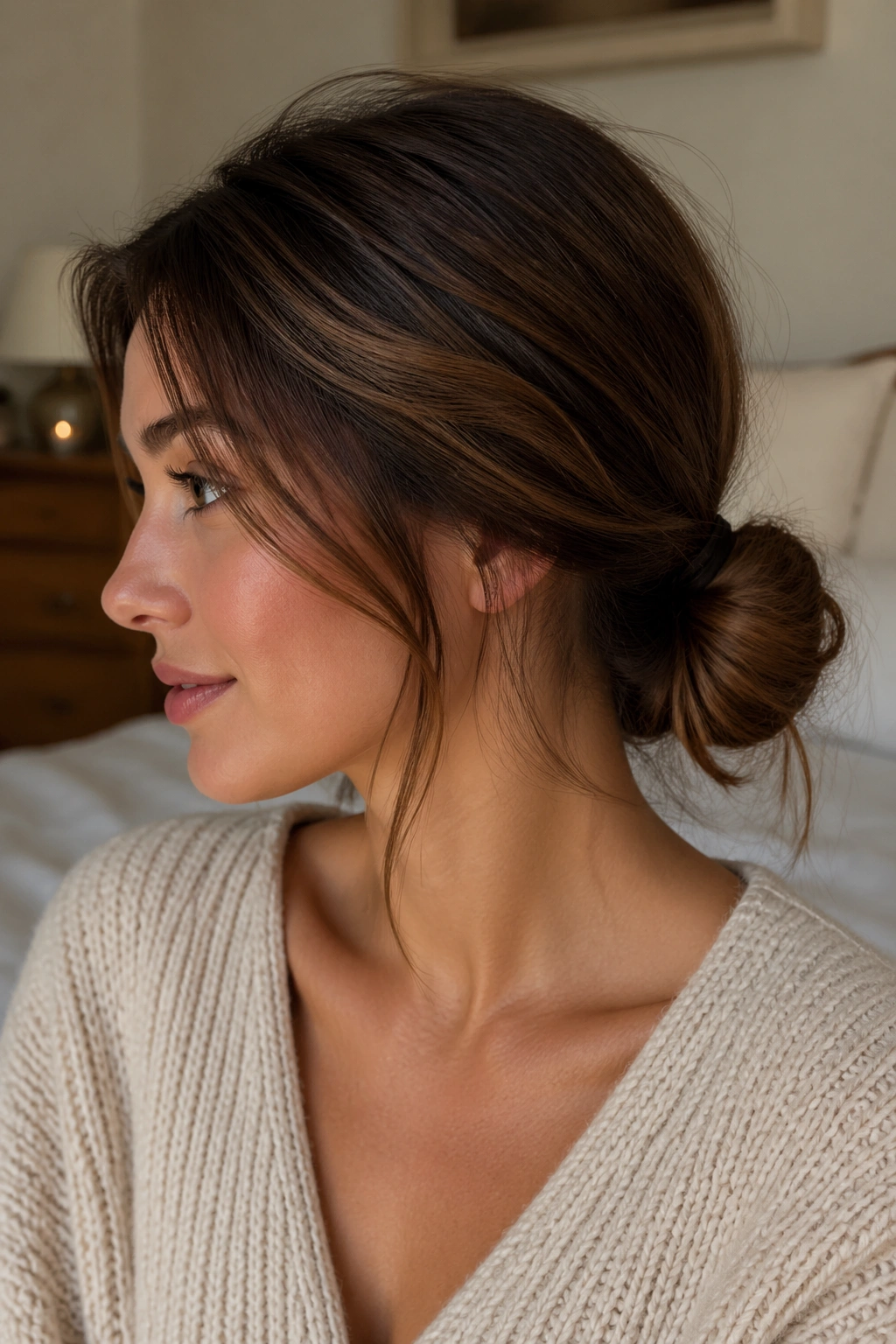 Close-up of a real woman with a low loose knot bun at the nape, soft bedroom light