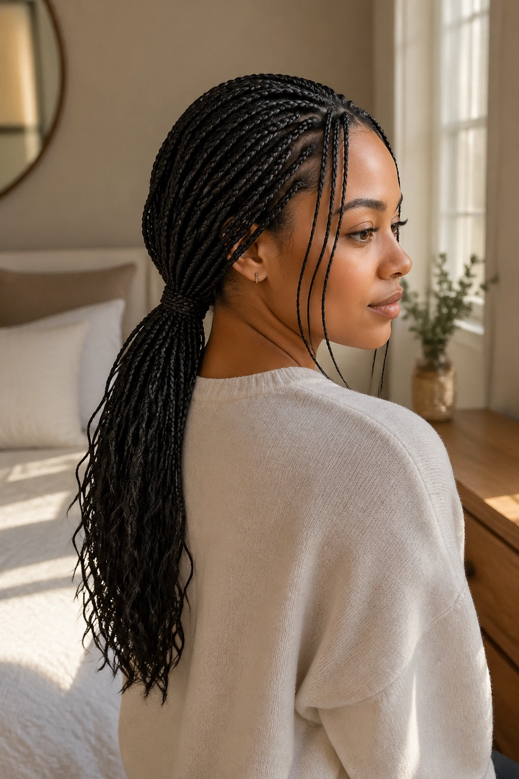 Close-up of a real woman with a low loose box braid ponytail.