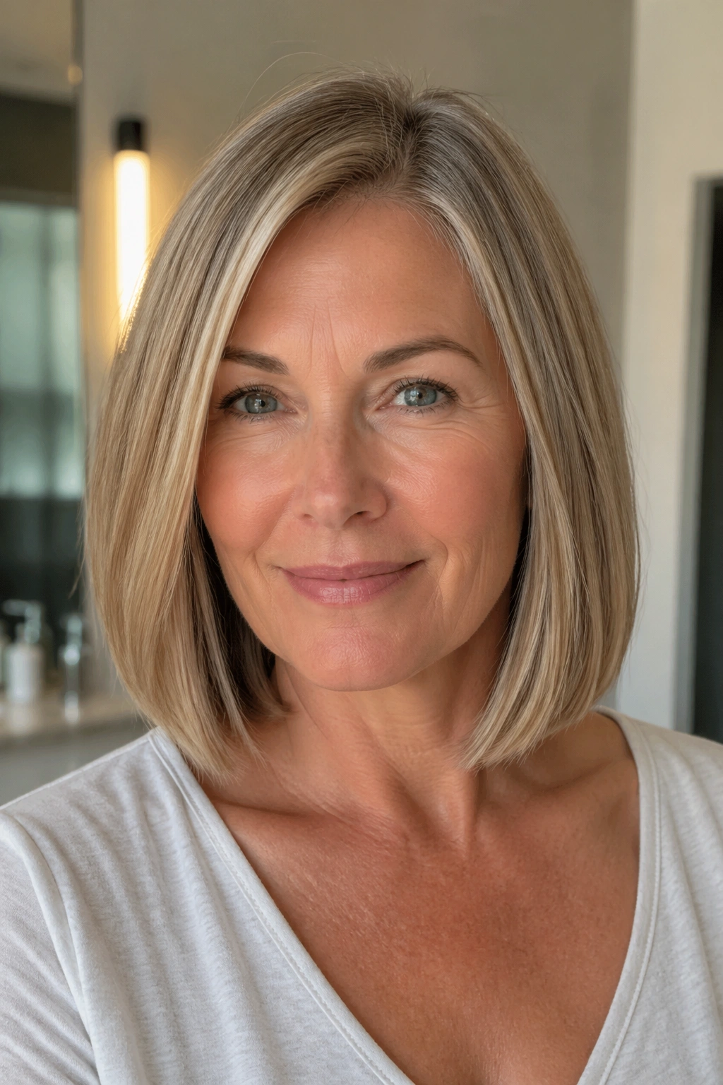 Close-up portrait of a real woman with a blunt long bob and minimal layers