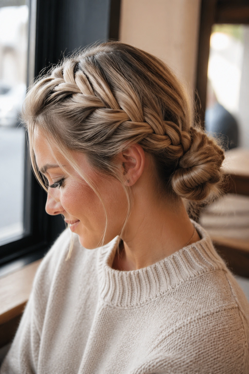 Close-up of a real woman with a low-nape French braid bun hiding oily roots