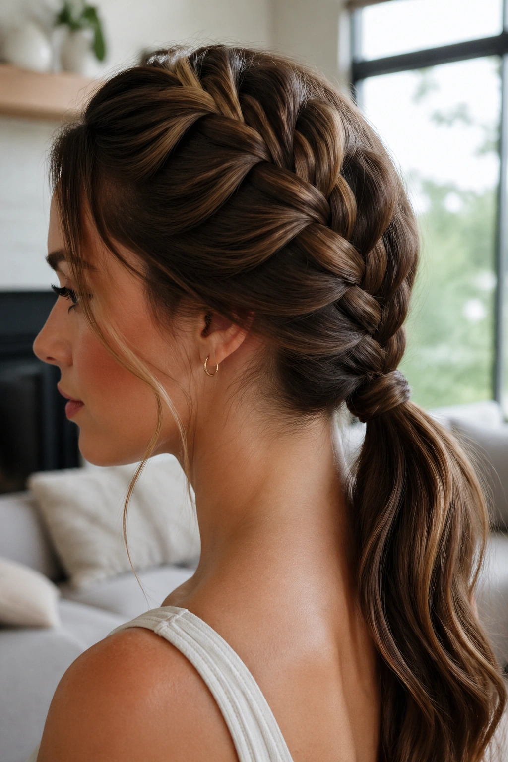 Close-up of real woman with a low nape French braid ponytail in natural light