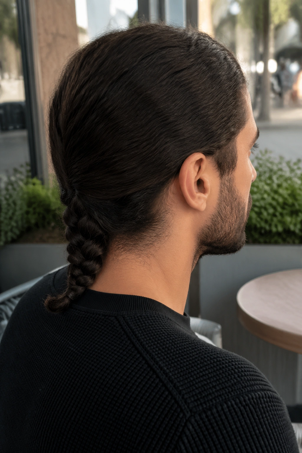 Close-up of a man with a low nape braid at the base of the neck