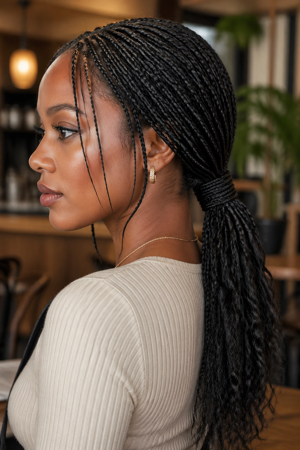 Close-up of a real woman with a low nape ponytail wrapped braid base in a cozy cafe setting