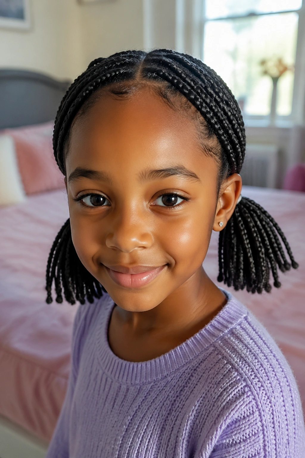 Close-up of a young girl with two low pigtail box braids in a cozy bedroom