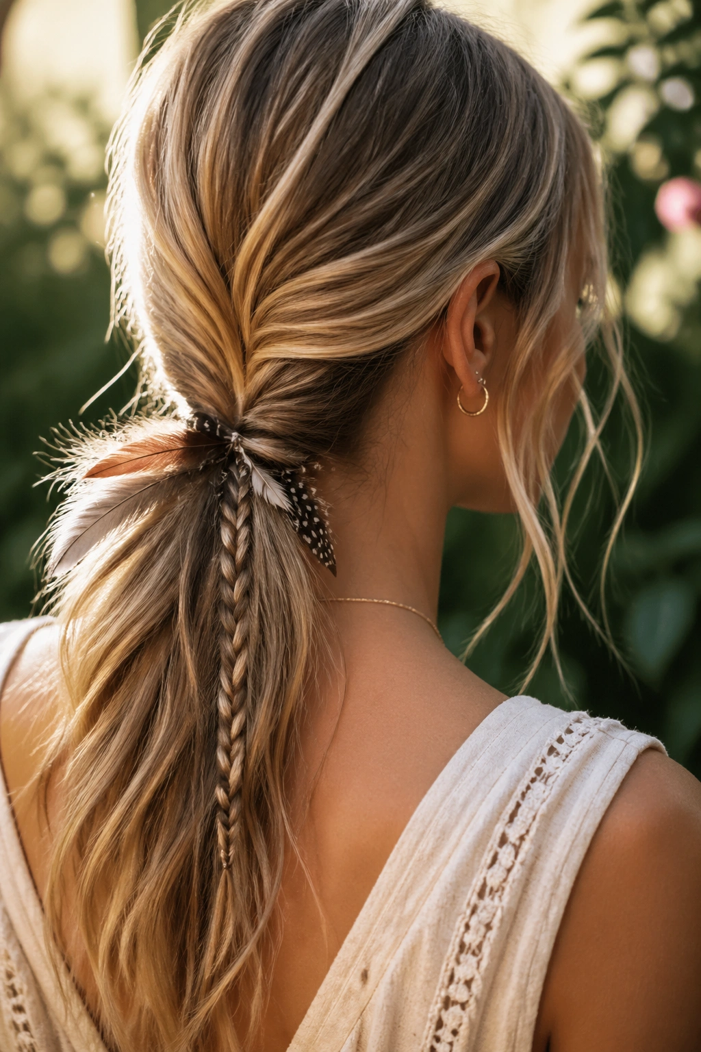 Close-up of a real woman with a low pony feather braid at the nape in golden-hour light