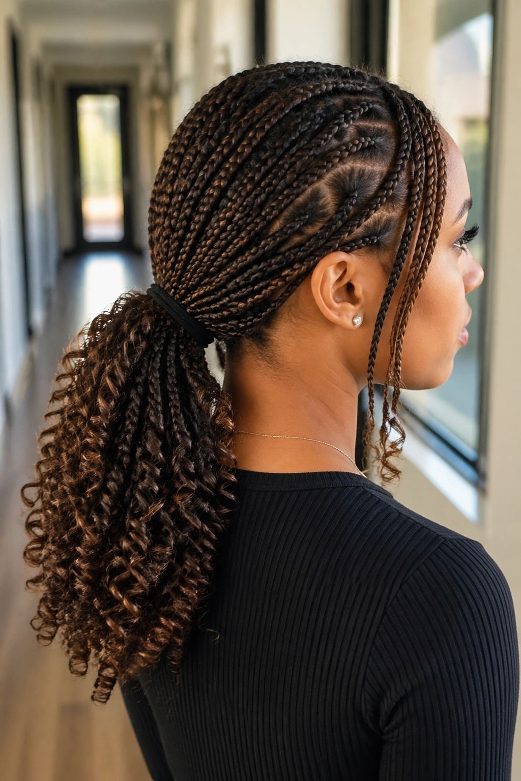 Close-up of a real person with low ponytail knotless braids ready for tidy days