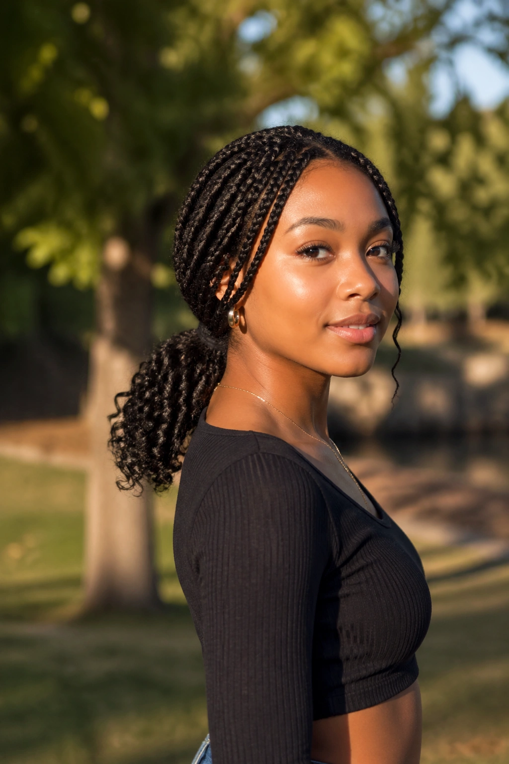 Three-quarter portrait of a real person with a low ponytail of boho box braids outdoors