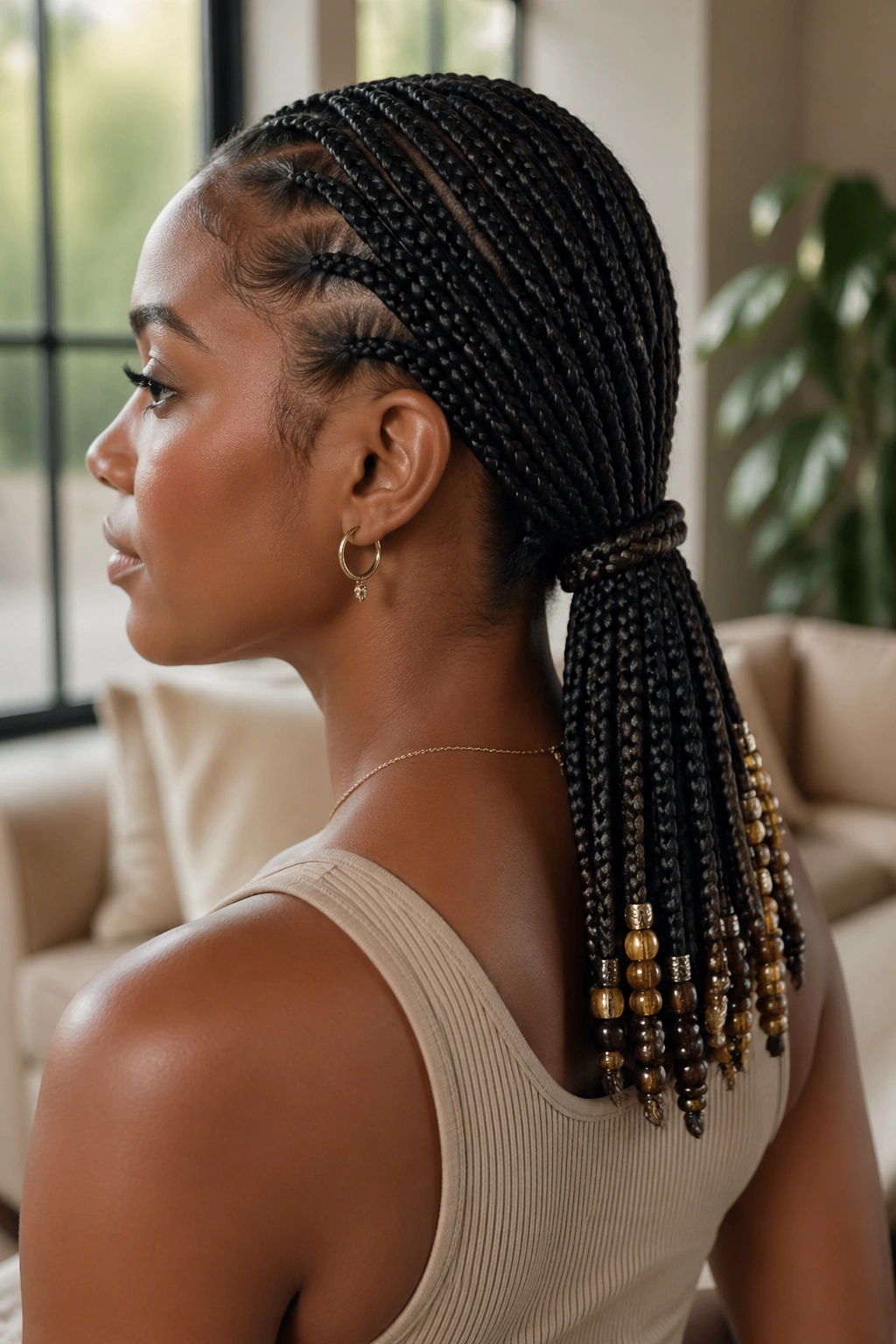 Close-up of a real woman with a low ponytail knotless box braids and beads at the nape