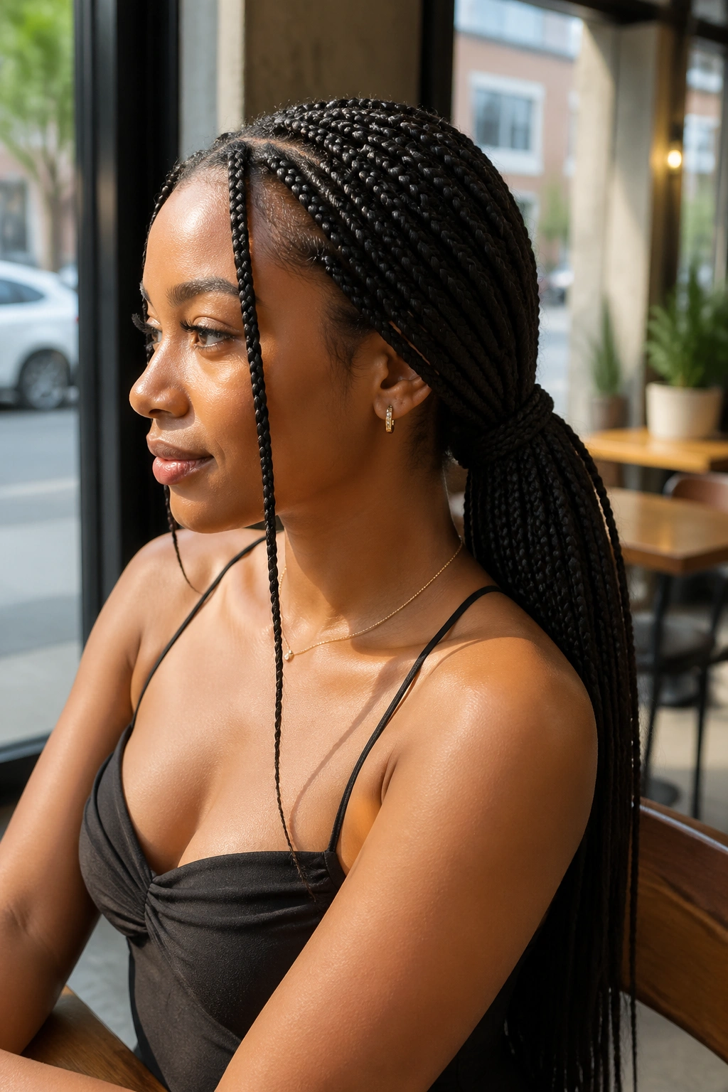 Real woman with low ponytail medium feed-in box braids in a sunlit cafe.