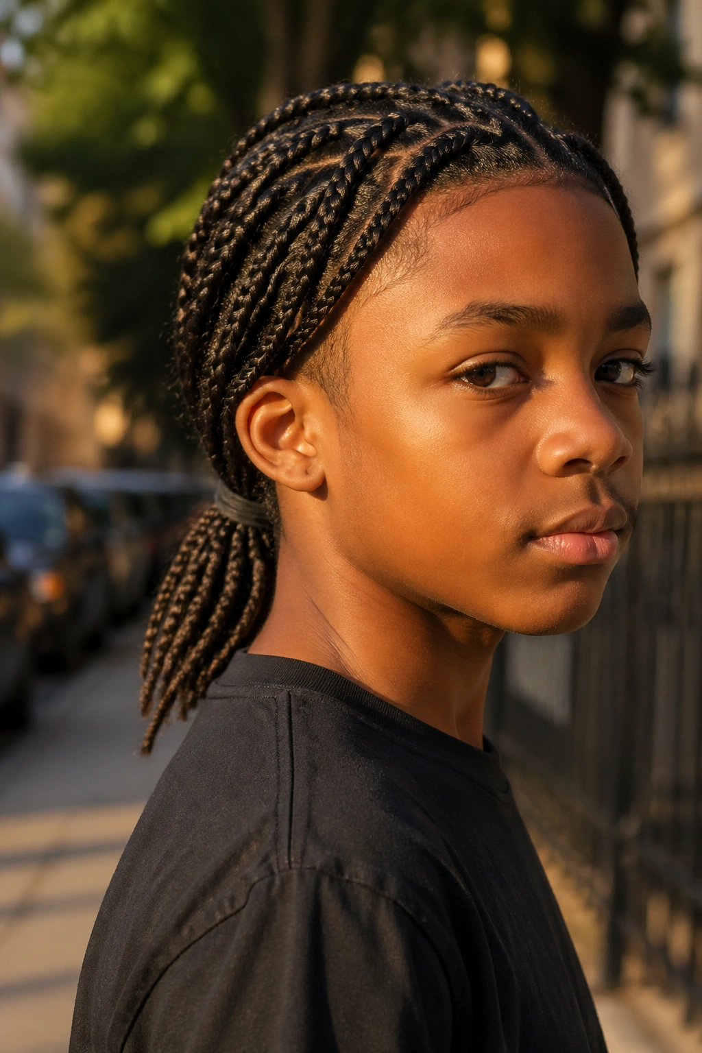 Close-up of a real boy with low ponytail medium box braids