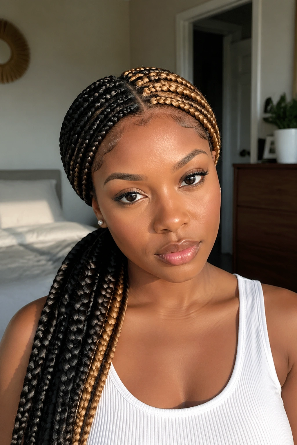 Portrait of a real person with a low ponytail of jumbo braids showing half-and-half color.