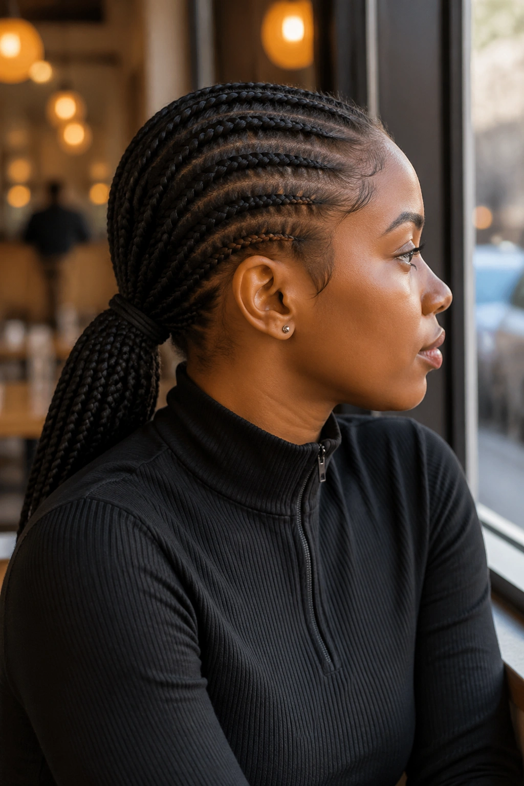 Real person with low ponytail created from cornrows
