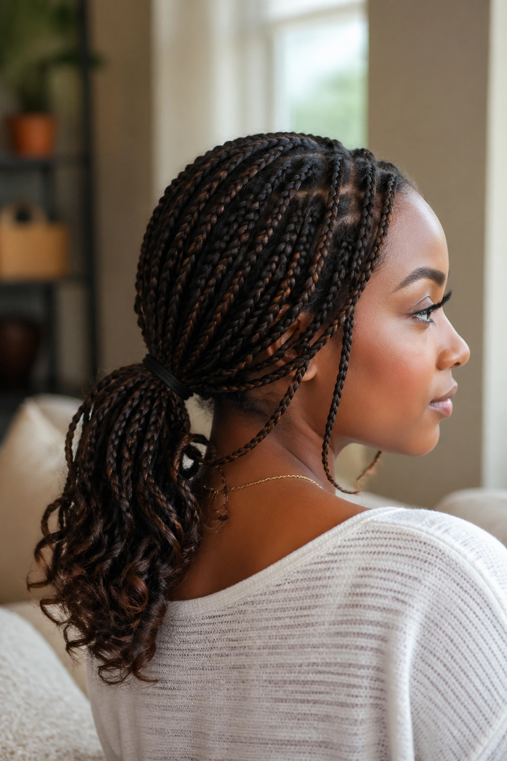 Close-up of a real person with a loose low ponytail and curled ends